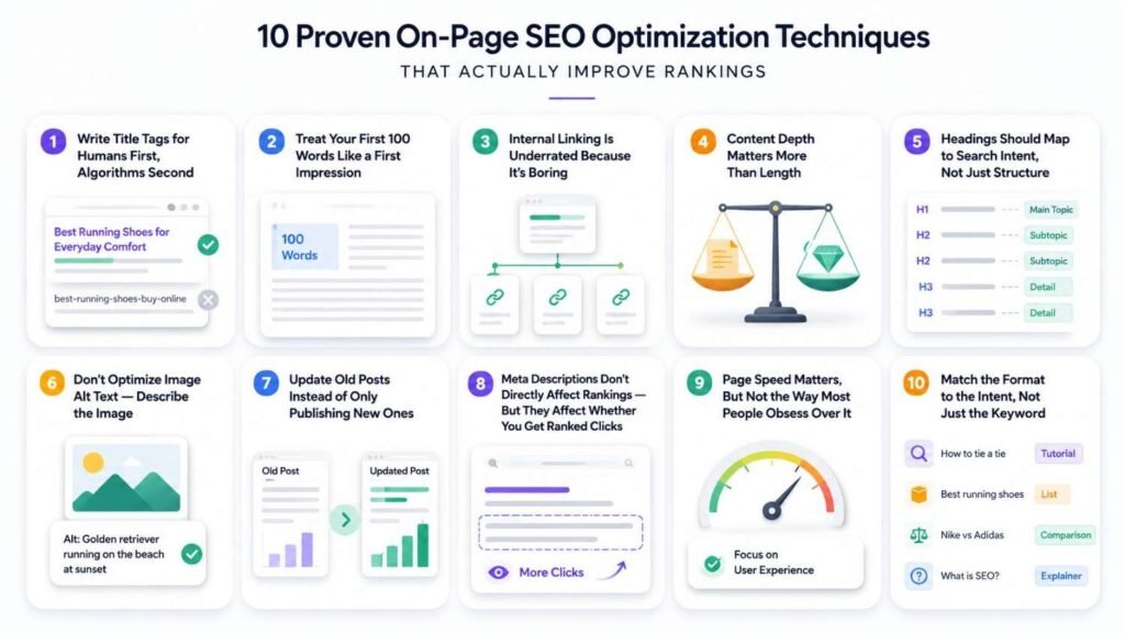Infographic of 10 proven on-page SEO optimization techniques for higher rankings.
